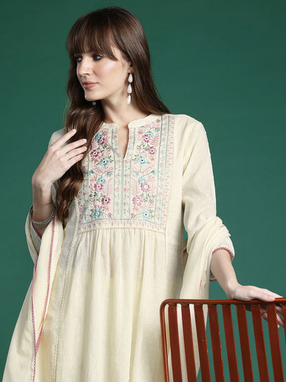 Dhiyona IE Floral Embroidered Panelled Thread Work Pure Cotton Kurta With Trousers & Dupatta