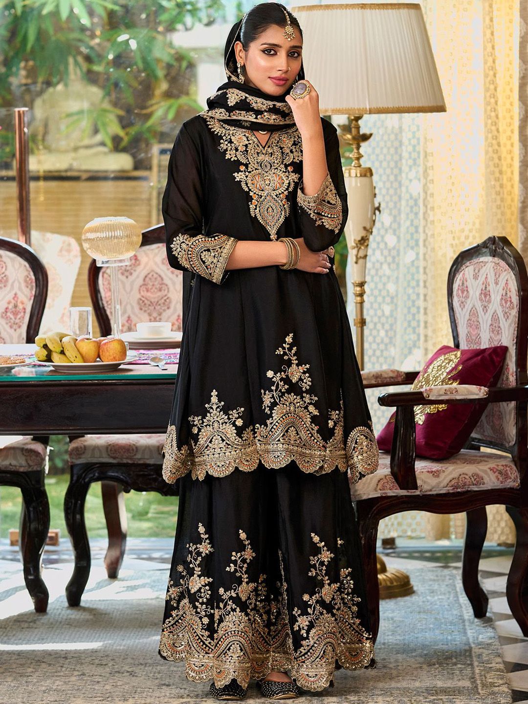 Floral Embroidered Sequinned Chinon A-Line Kurta With Palazzos & Dupatta