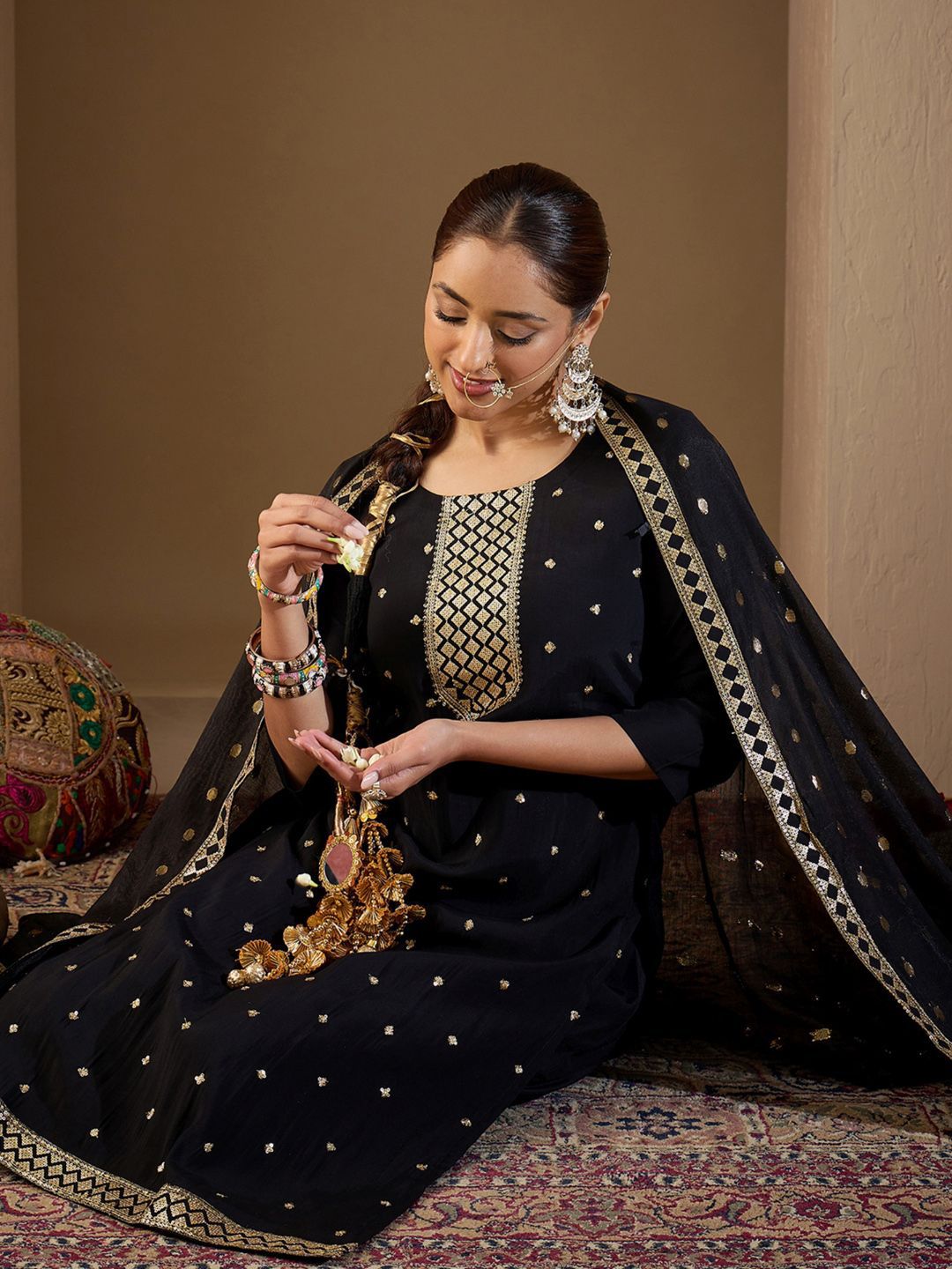 Women Ethnic Motifs Embroidered Regular Sequinned Kurta with Trousers & With Dupatta