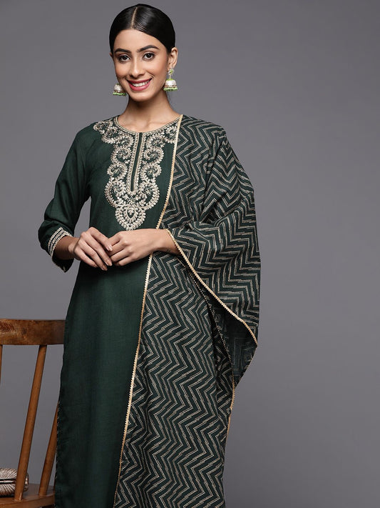 Dhiyona IE Women Green Ethnic Motifs Embroidered Zardozi Liva Kurta with Palazzos & With Dupatta