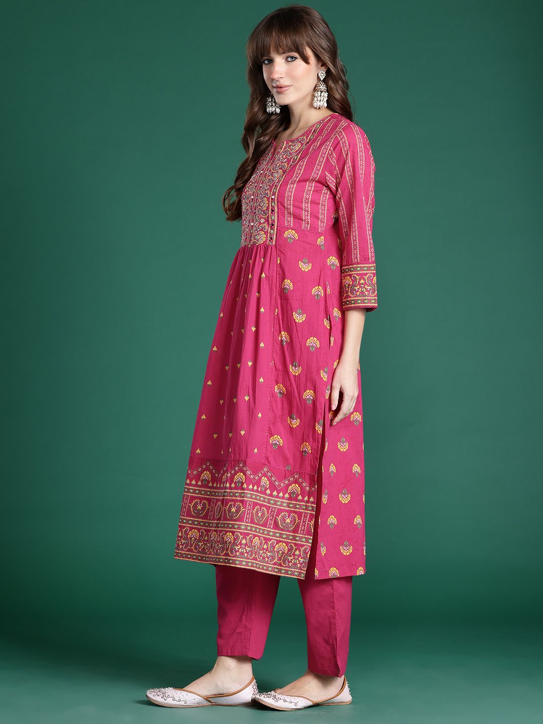 Dhiyona IE Floral Printed Panelled Mirror Work Pure Cotton Kurta Set