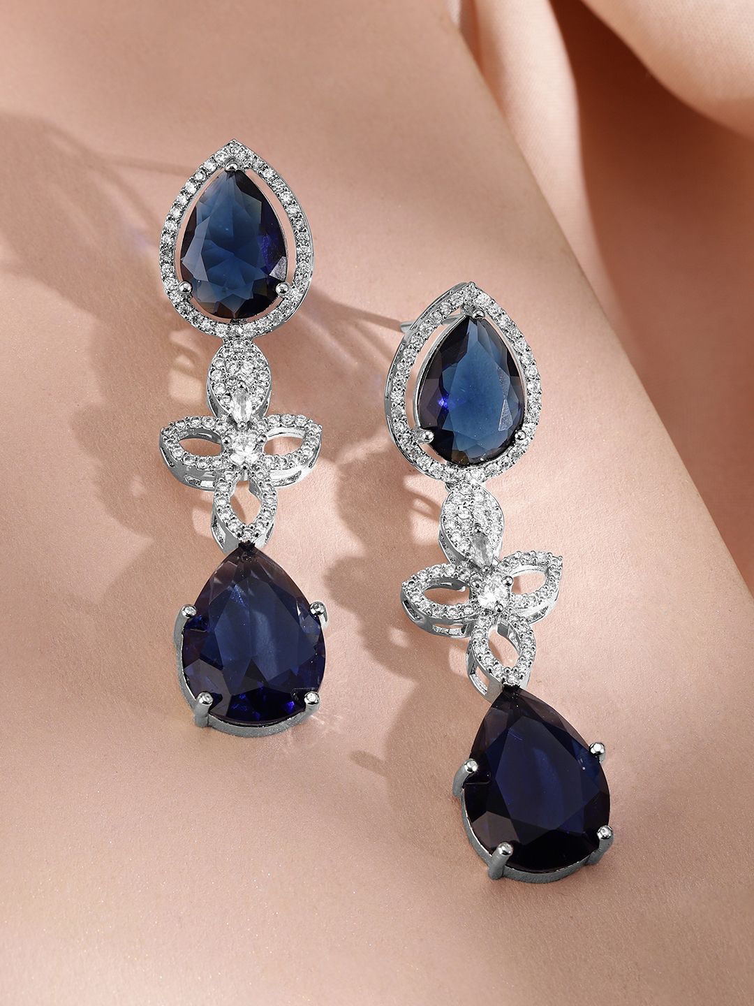 Dhiyona RJ Women's Rhodium Plated Blue Sapphire and Cubic Zirconia Studded Premium Jewellery Set