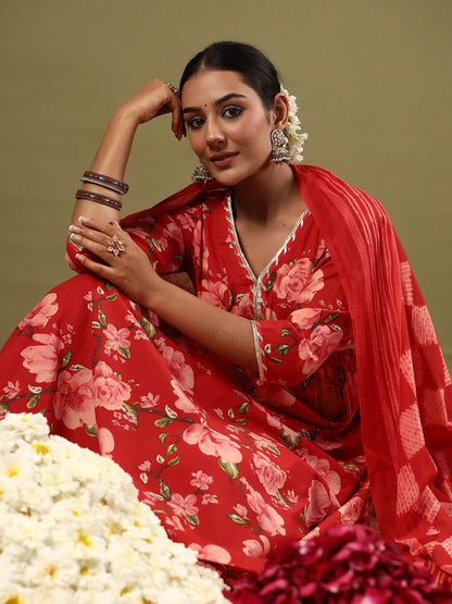 Floral Printed Empire Gotta Patti Pure Cotton Kurta With Trousers & Dupatta