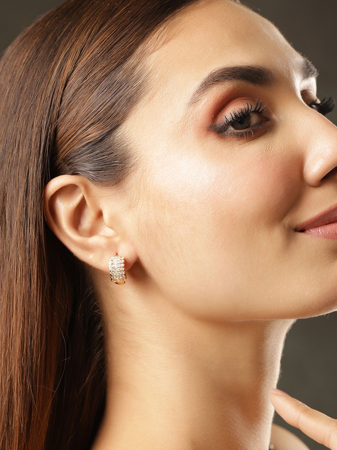 Dhiyona RJ Women's 22KT Gold Plated American Diamond Studded Semi Hoop Earrings