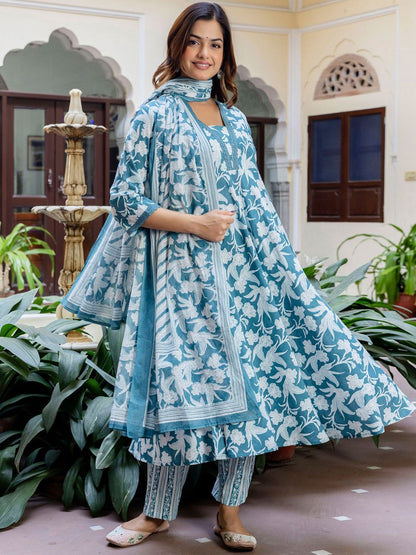 Floral Printed Square Neck Pure Cotton A-Line Kurta With Trousers & Dupatta
