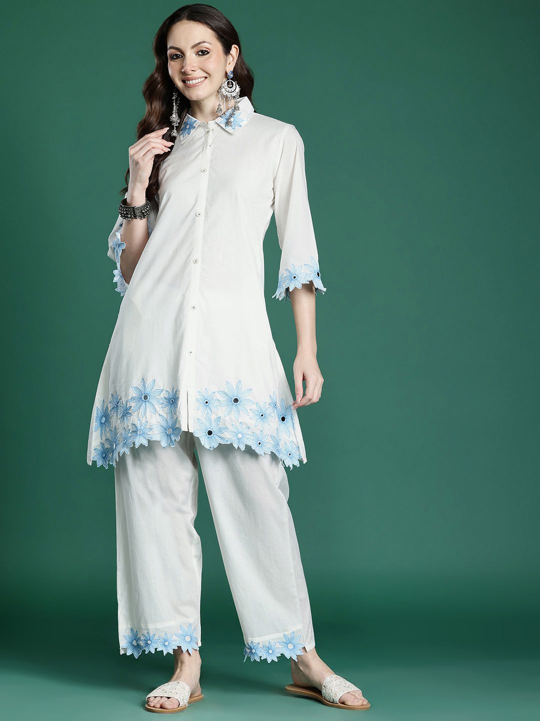 Floral Embroidered Pure Cotton Kurta with Palazzos