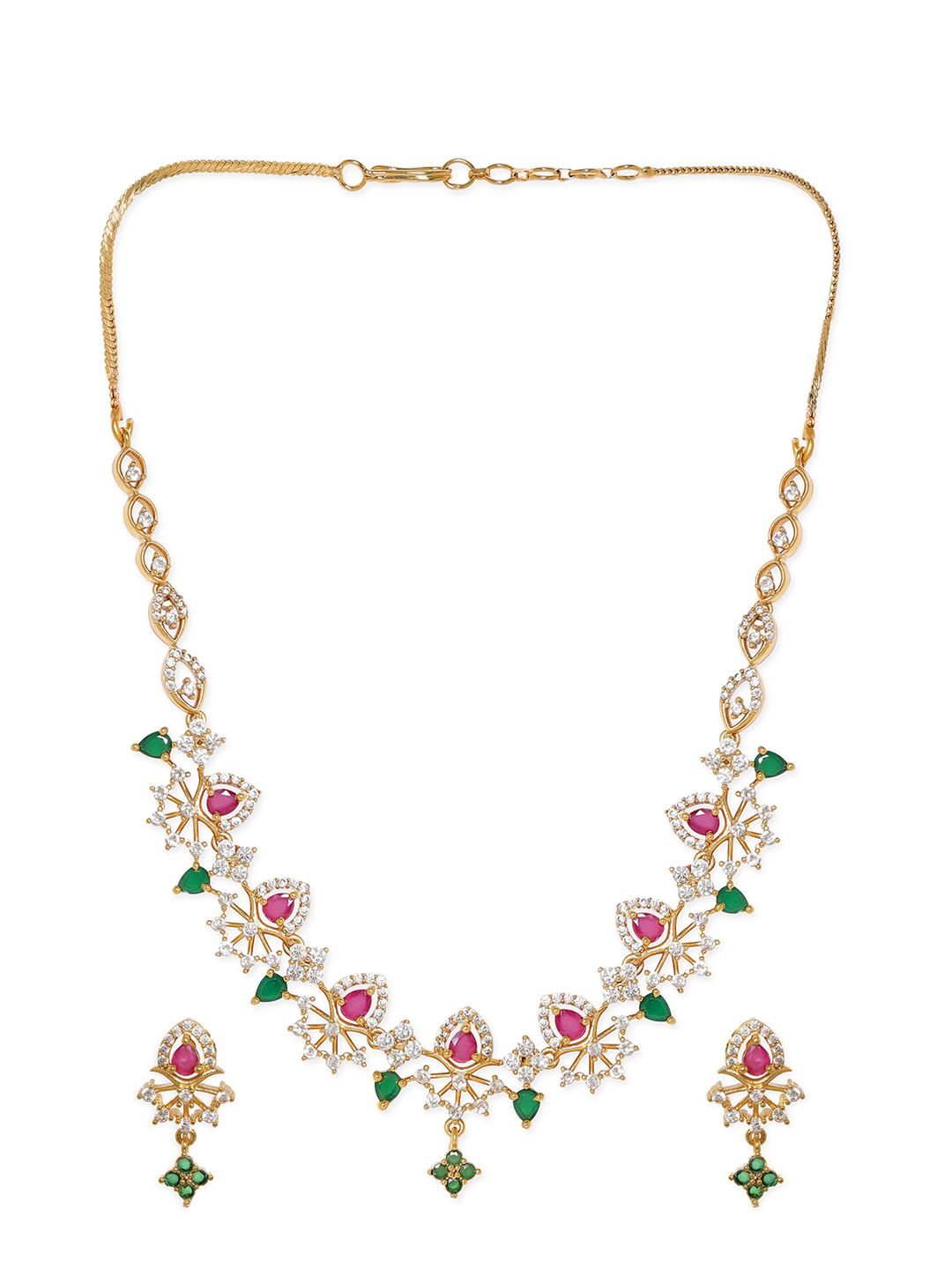 Dhiyona RJ Women's Gold-Plated CZ and Ruby & Emerald Studded Necklace Set