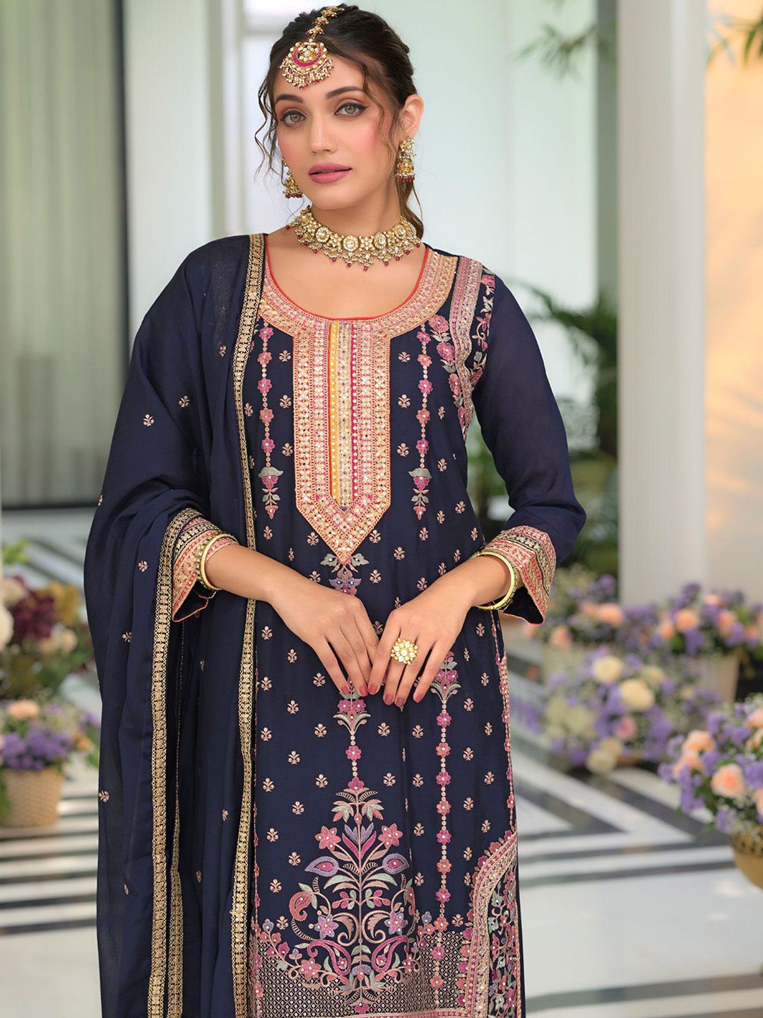 Floral Embroidered Round Neck Sequinned Straight Kurta With Palazzos & Dupatta