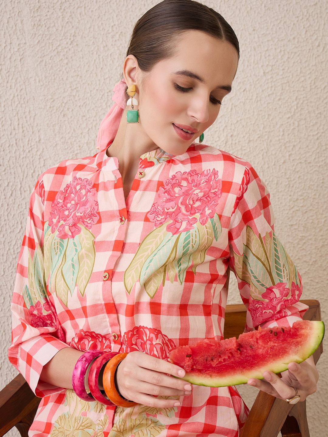 Dhiyona IE Floral Printed Mandarin Collar Pure Cotton A-Line Kurta With Trouser