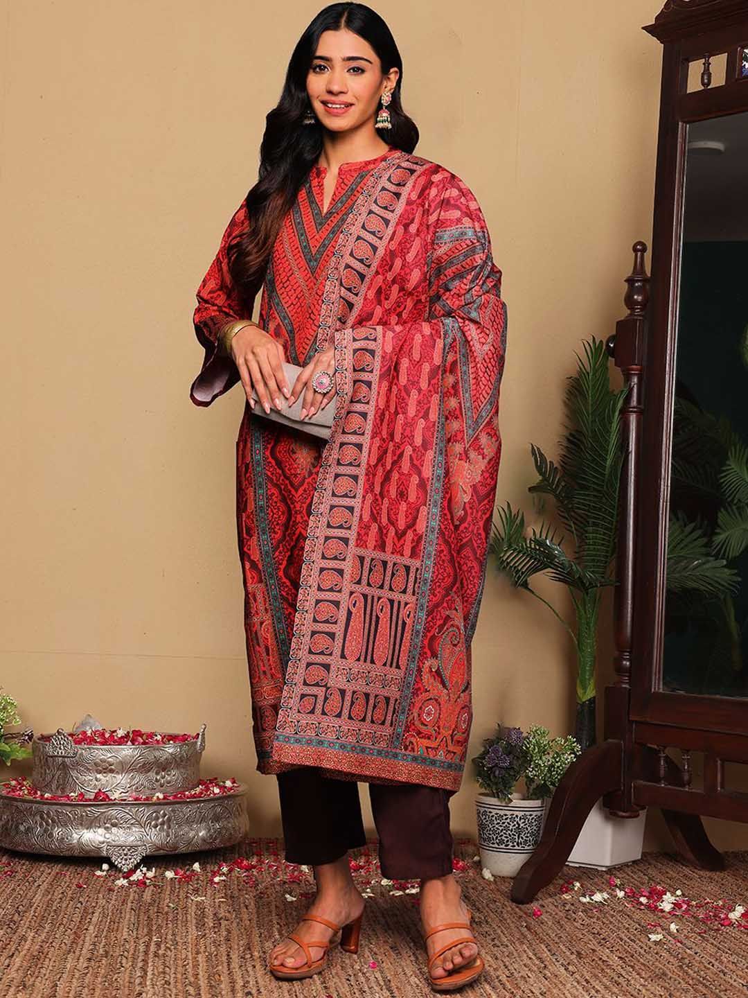 Dhiyona VA Women'sRust Paisley Printed Mandarin Collar Straight Kurta With Trousers & Dupatta