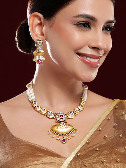 Dhiyona RJ Women's 22K Gold-Plated Ruby, Kundan & Multi-Strand Pearl Bead Detailing Necklace Set