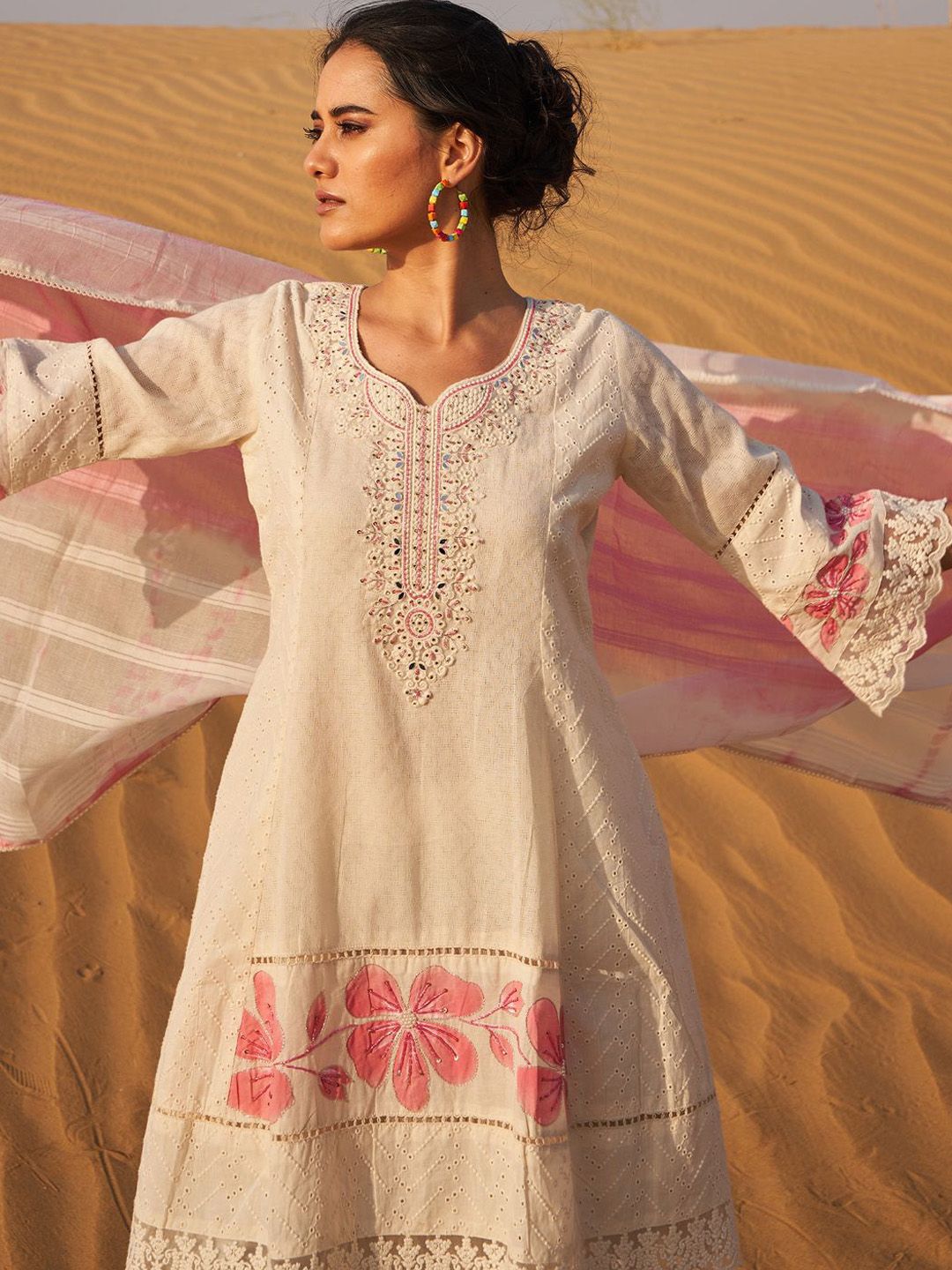 Floral Embroidered Mirror Work Panelled Pure Cotton Kurta With Palazzos & Dupatta