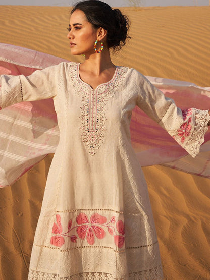 Floral Embroidered Mirror Work Panelled Pure Cotton Kurta With Palazzos & Dupatta