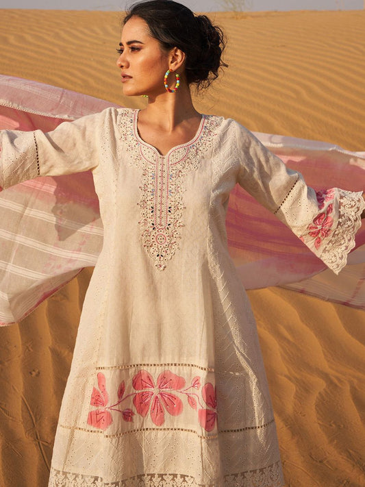 Floral Embroidered Mirror Work Panelled Pure Cotton Kurta With Palazzos & Dupatta