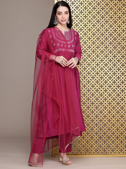 Dhiyona PD Women Jashn Yoke Design Zari Work A-Line Kurta With Trousers & Dupatta