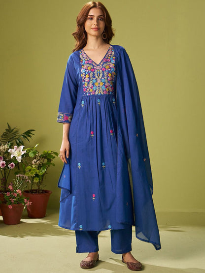 Women Floral Embroidered Cotton Kurta with Trousers & Dupatta