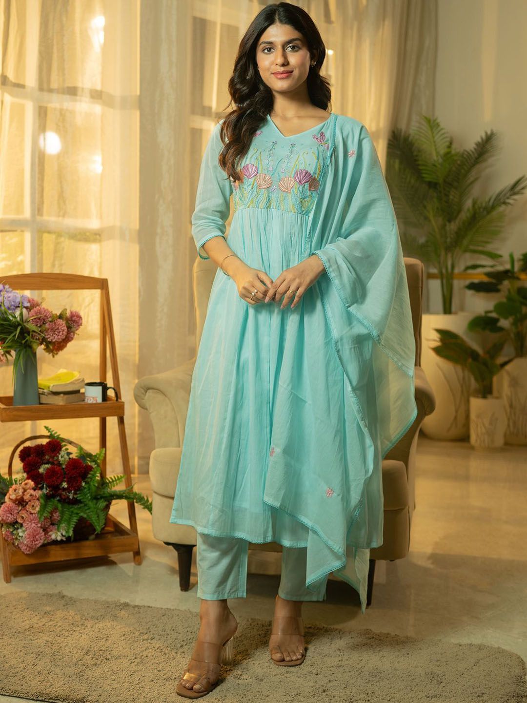 Floral Yoke Design Thread Work Pure Cotton A-Line Kurta With Trousers & Dupatta
