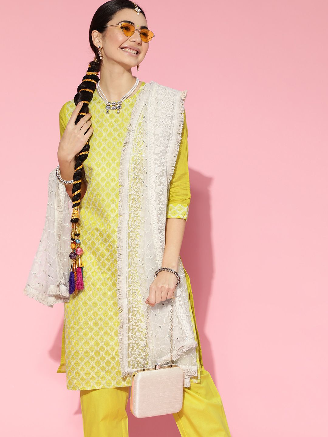 Dhiyona IE Women Olive Green Embroidered Regular Sequinned Chanderi Cotton Kurta with Trousers & With Dupatta