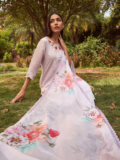 Floral Embroidered Straight Kurta With Trousers & Dupatta