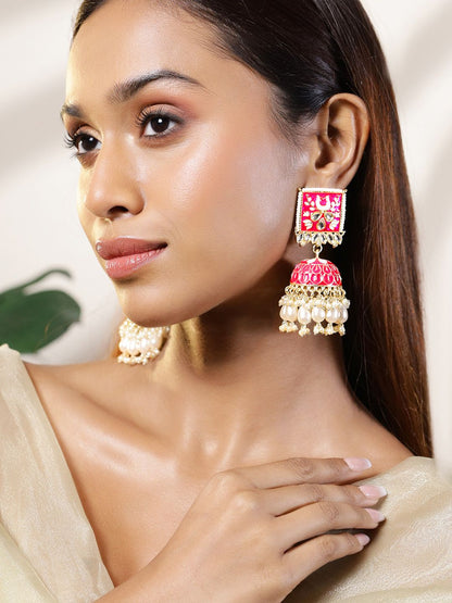 Dhiyona RJ Women's 18K Gold-Plated Pink Kundan & White Beads Studded Enamel Handcrafted Dome Jhumka