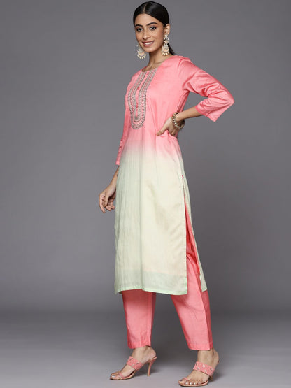 Dhiyona VA Women's Pink Ombre Printed Sequinned Kurta with Trousers & With Dupatta