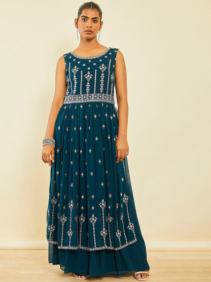 Dhiyona SO Women's Ethnic Motifs Embroidered Empire Georgette Kurta with Palazzos & Dupatta