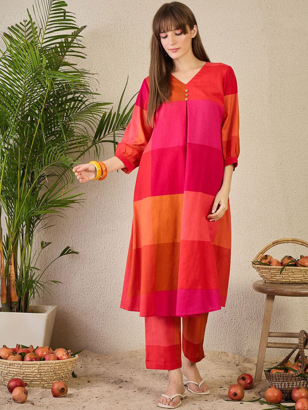 Dhiyona IE Women Pure Cotton Colourblocked A-Line Kurta With Pants Co-Ords