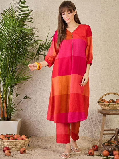 Dhiyona IE Women Pure Cotton Colourblocked A-Line Kurta With Pants Co-Ords