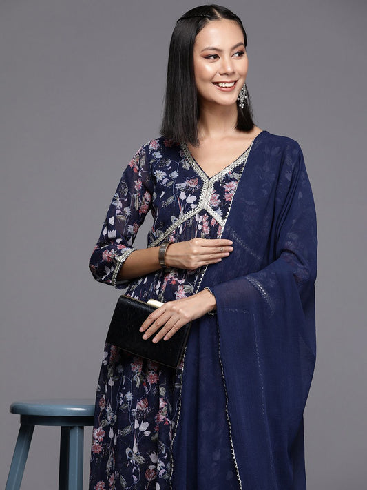 Dhiyona VA Women'sFloral Printed Pleated Gotta Patti Silk Georgette Kurta with Trousers & Dupatta