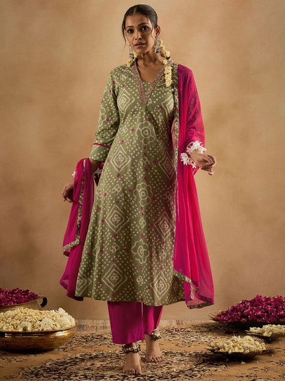 Dhiyona IE Bandhani Printed Pure Cotton Kurta With Trousers & Dupatta