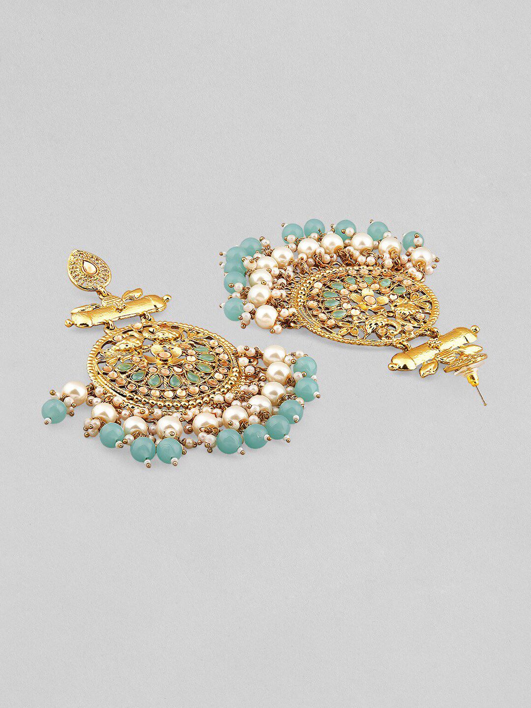 Dhiyona RJ Women's 18K Antique Gold-Plated Big Chandbali with Pearl & Turquoise Blue Bead Accents