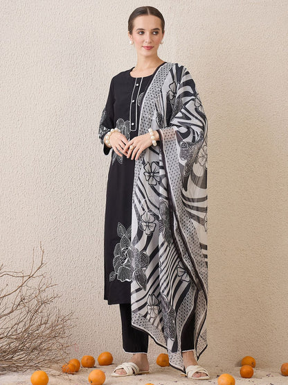 Dhiyona IE Floral Embroidered Round Neck Sequinned Linen Kurta With Trousers & Dupatta