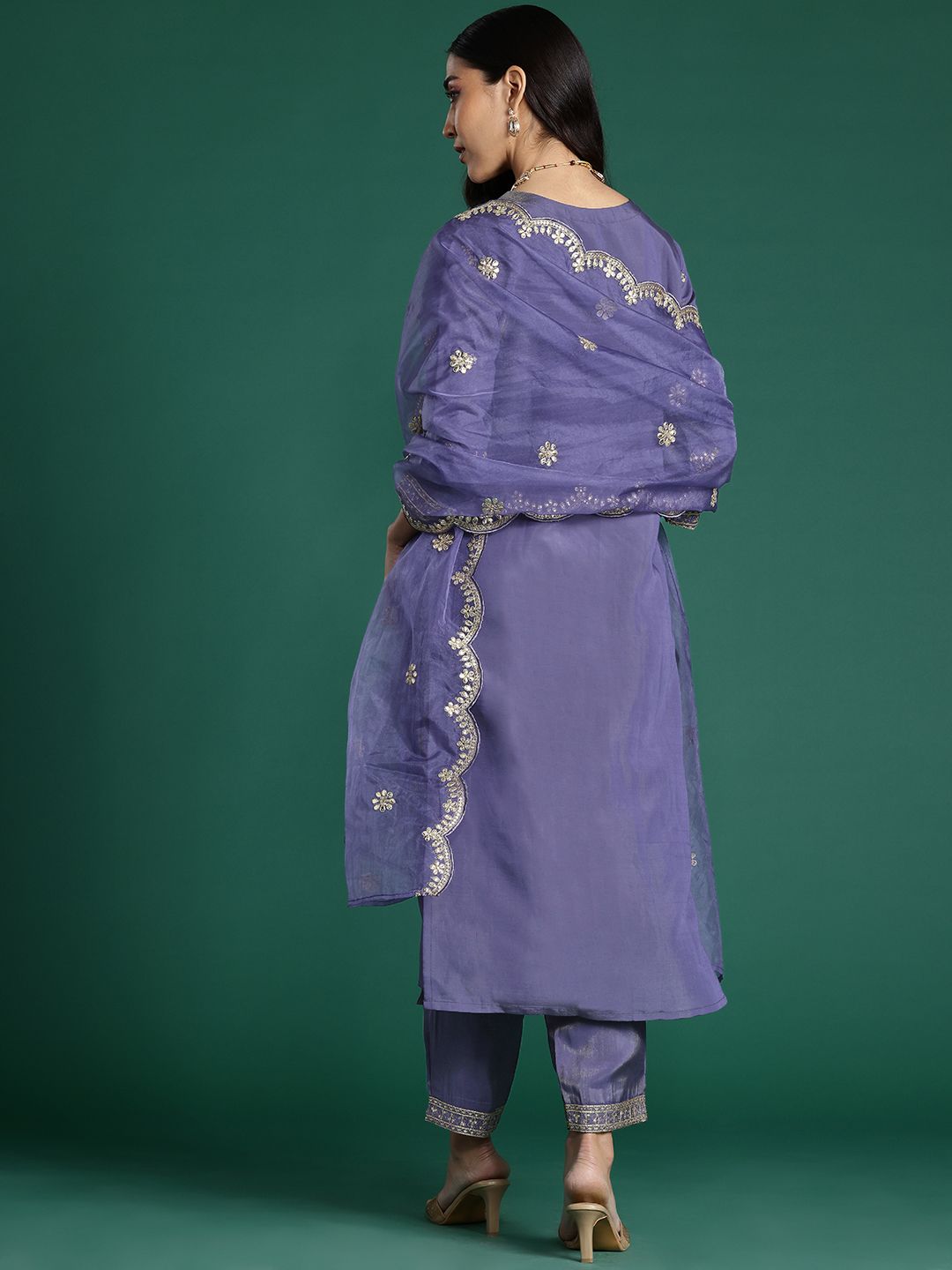 Dhiyona IE Floral Embroidered Sequinned Kurta With Trousers & Dupatta