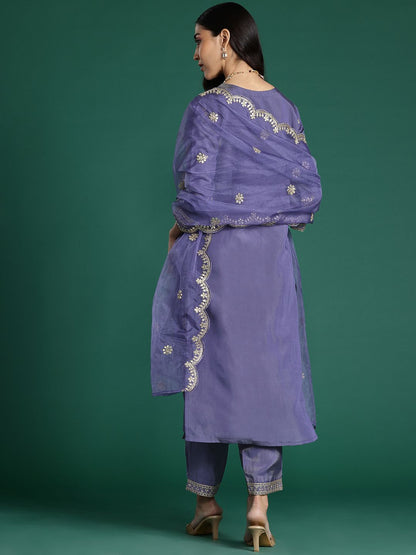 Dhiyona IE Floral Embroidered Sequinned Kurta With Trousers & Dupatta