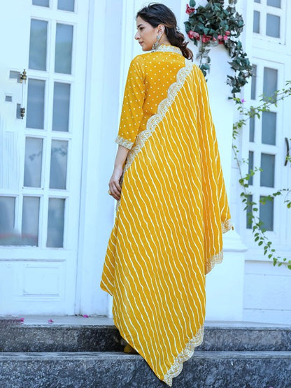 Women's Bandhani Embroidered Regular Sequinned Kurta With Trouser & Dupatta