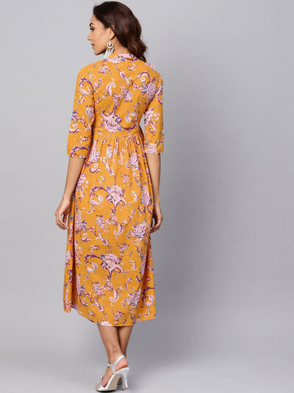 Dhiyona AY Women's Yellow Printed Fit and Flare Dress