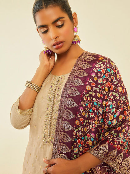 Dhiyona SO Women's Ethnic Motifs Embroidered Sequinned Detail Straight Kurta & Trousers With Dupatta