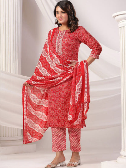 Bandhani Printed Notch Neck Pure Cotton Kurta With Trousers & Dupatta