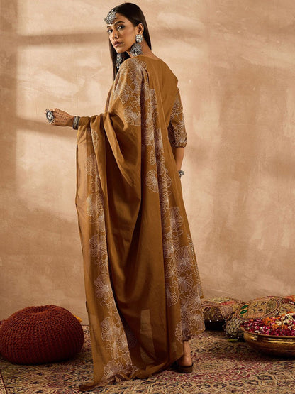 Dhiyona IE Women Floral Embroidered Regular Sequinned Pure Cotton Kurta with Trousers & With Dupatta