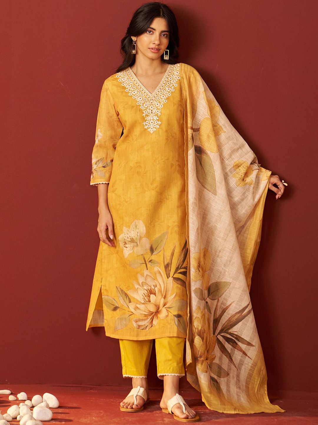 Women Floral Embroidered Cotton Kurta with Trousers & Dupatta