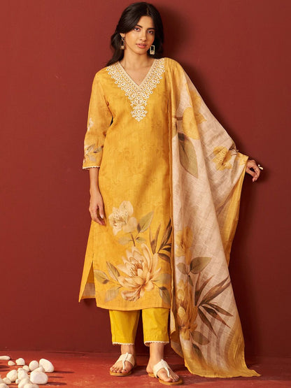 Women Floral Embroidered Cotton Kurta with Trousers & Dupatta