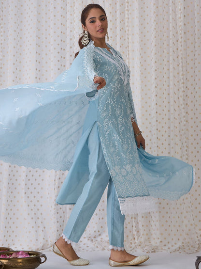 Floral Embroidered Regular Thread Work Pure Cotton Kurta with Trousers & Dupatta