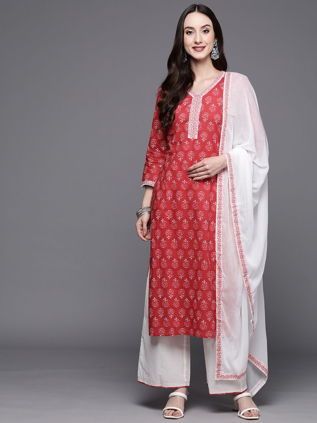 Women Red Floral Printed Kurta with Palazzos & Dupatta