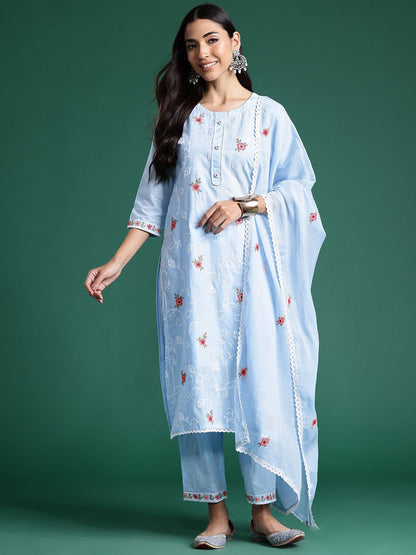 Dhiyona IE Women Ethnic Motifs Embroidered Regular Thread Work Pure Cotton Kurta with Trousers & With Dupatta