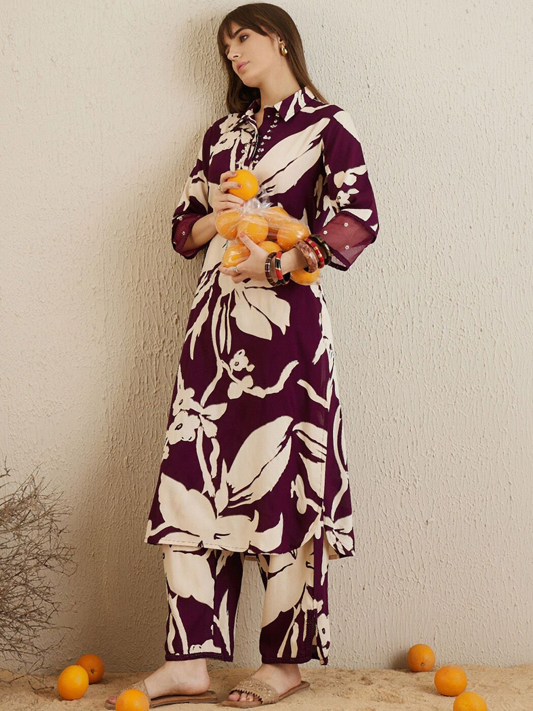Dhiyona IE Shirt Collar Floral Printed Straight Kurta with Trouser