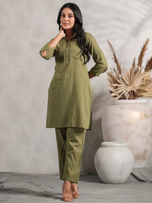 Dhiyona IS Women's Shirt Collar Cuffed Sleeves Fusion Pure Cotton Kurta with Trousers
