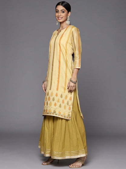 Dhiyona VA Women's Yellow Striped Mukaish Kurta with Sharara & With Dupatta