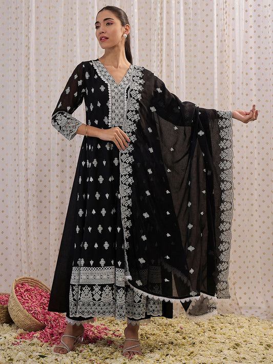 Floral Embroidered V-Neck Pure Cotton Straight Kurta with Trousers & Dupatta