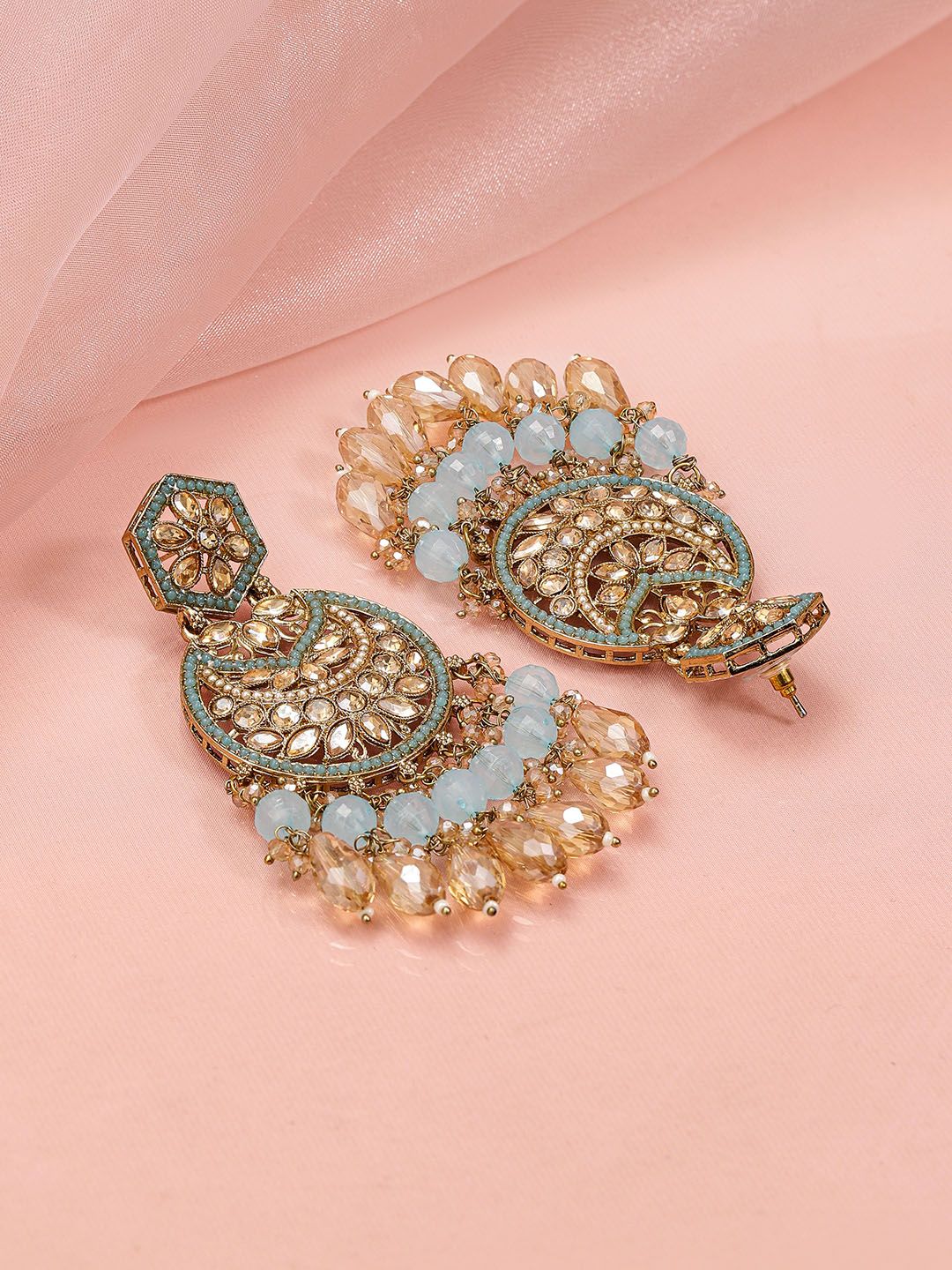 Dhiyona RJ Women's 18K Gold-Plated Kundan Chandbali Earrings with Sky Blue Stones & Beaded Danglers