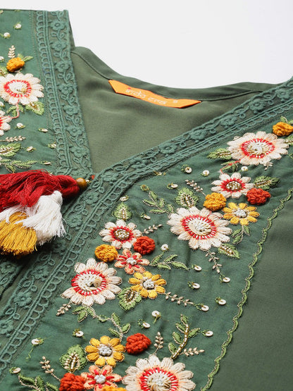 Dhiyona IE Women Floral Embroidered Regular Thread Work Kurta With Trousers & Dupatta